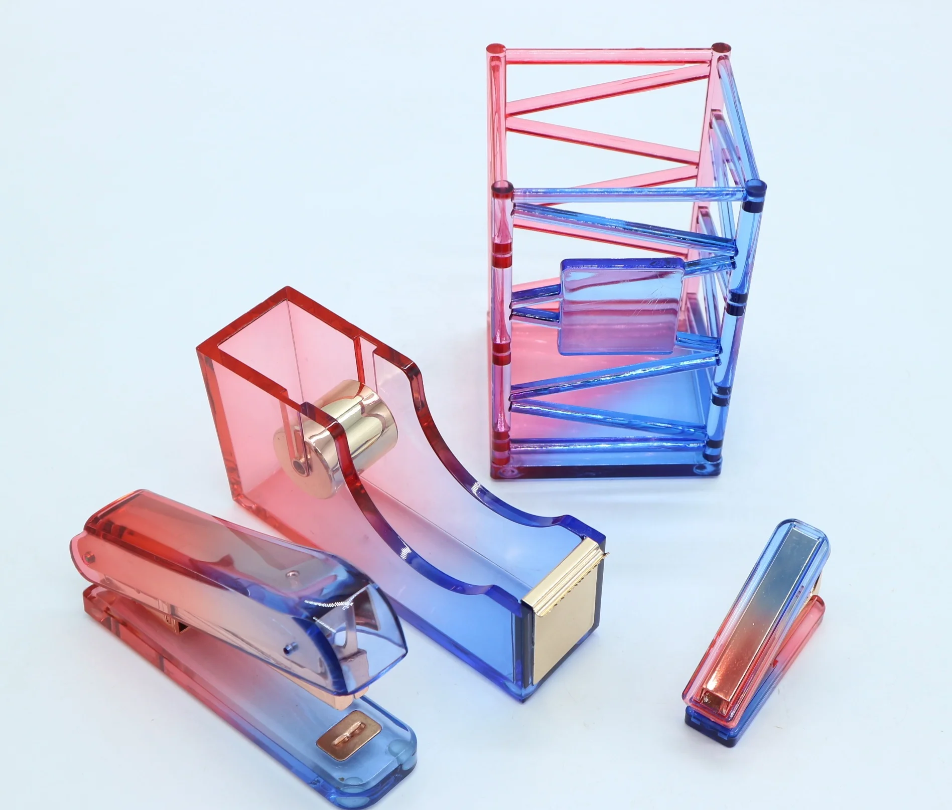 JSM 4IN1 Acrylic Colorful Stapler Tape Dispenser Pen Holder Staple Remover Stationery Gift Sets Business luxury Souvenir