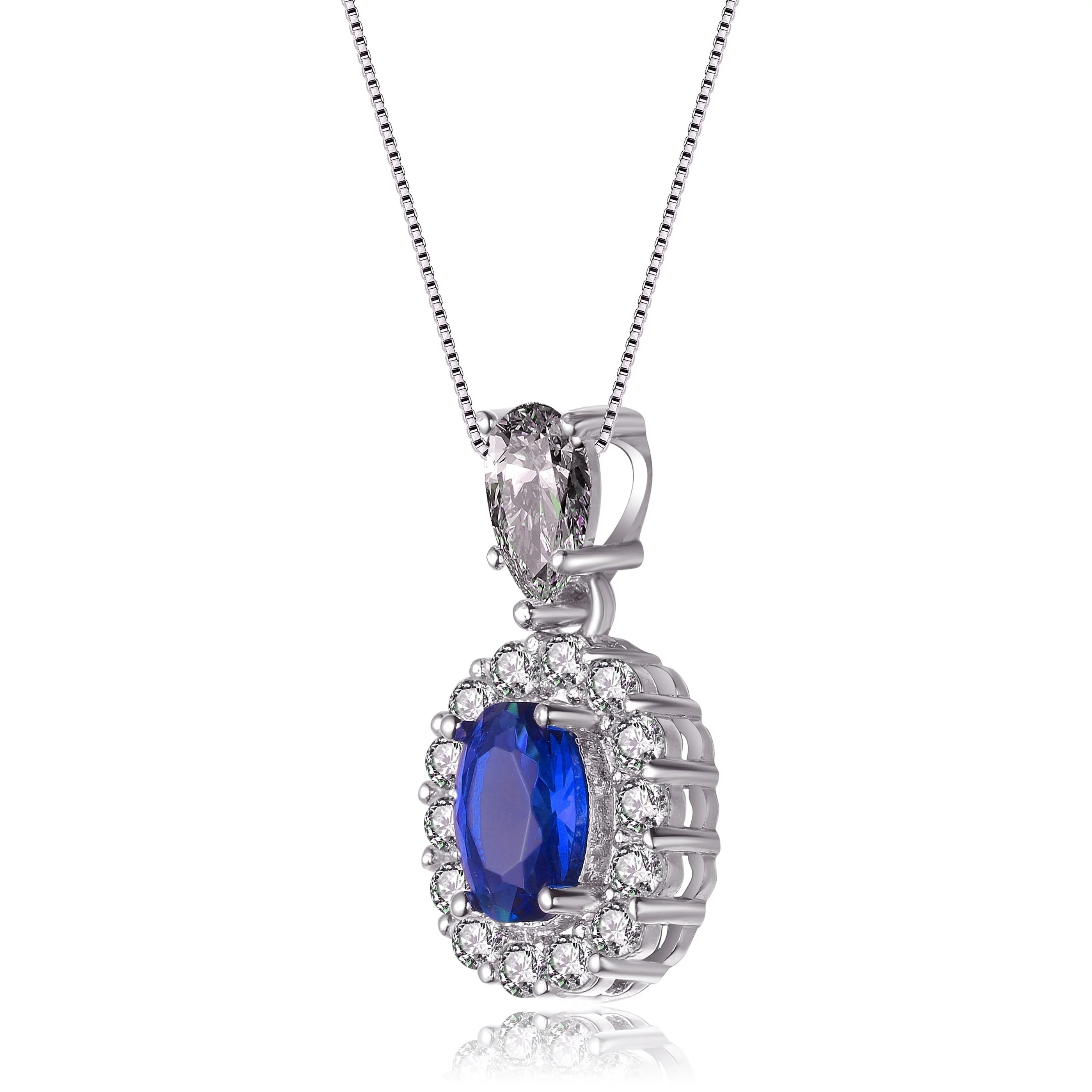925 Sterling Silver Rhodium Plated Blue Sapphire Match Clear White Topaz Halo Pendant Necklace