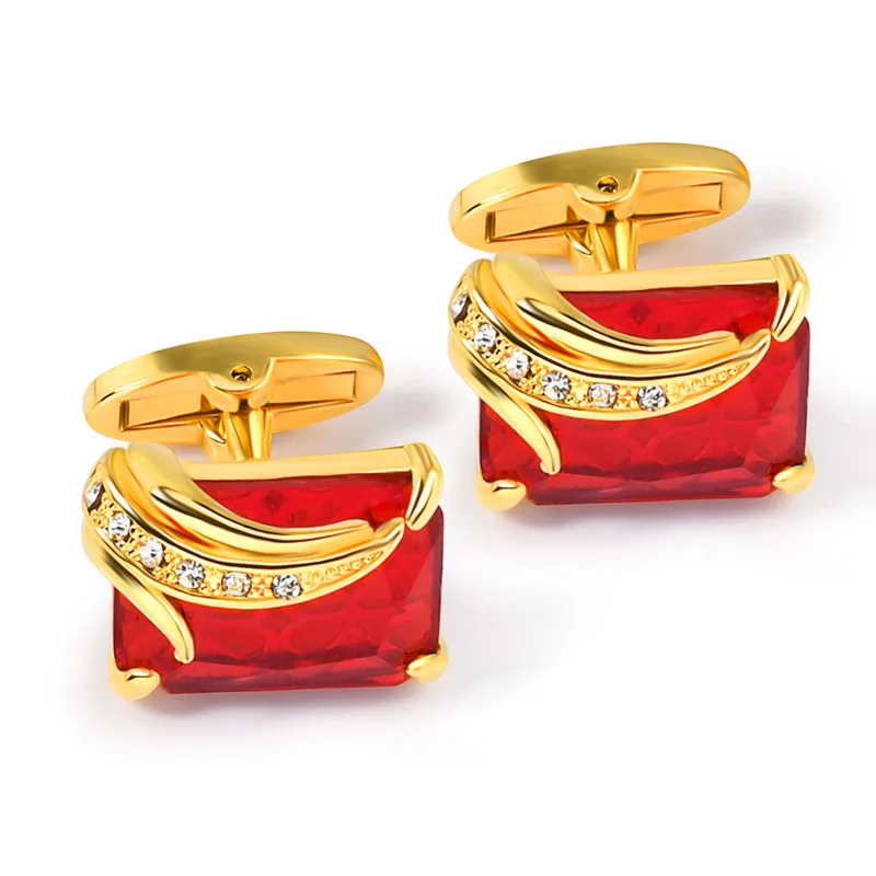 
Jewelry Wedding Suit Accessories Button Square Gold Color Red Fancy Stones Cufflinks 