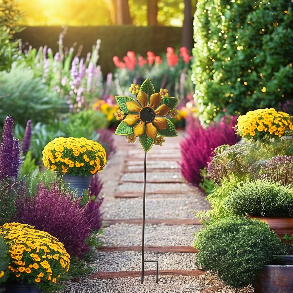 Flower & Leaves Wind Spinners 38 Inch Metal Wind Sculpture, Outdoor Windmill with Led Lights for Patio Lawn & Garden Decoration