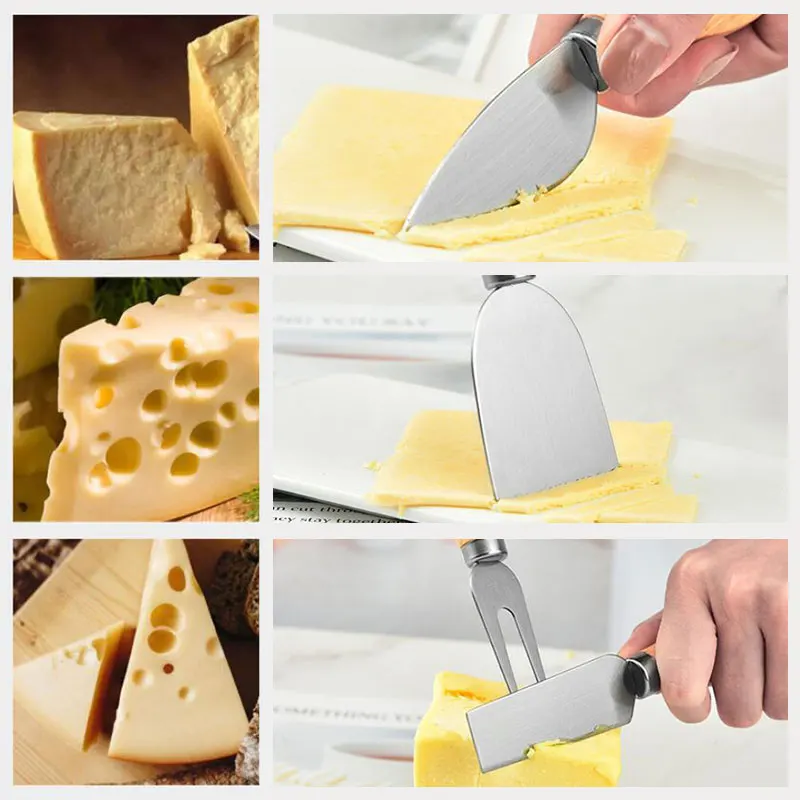 KingForce 4 pc cheese cutter set wooden handle for cake cheese pizza knife server  with gift box