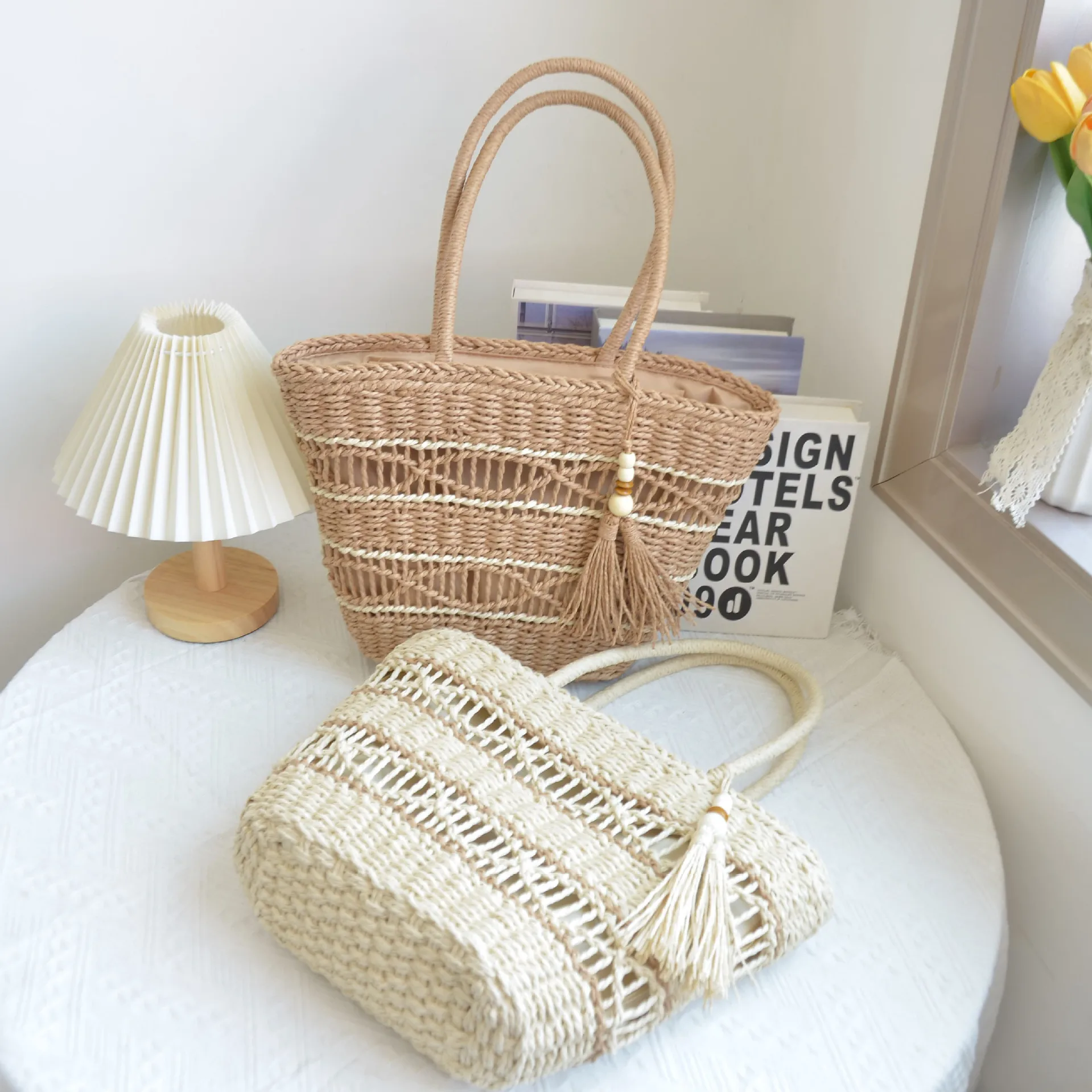 Custom Logo Large Mesh Paper Straw Bucket Basket Tote Clutch Beach Bag Straw Shopper Bag