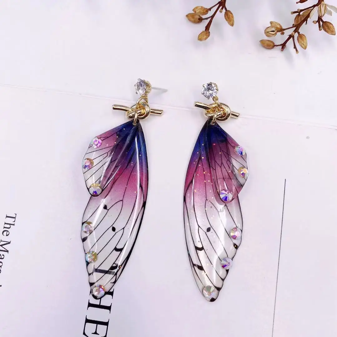 S925 needle crystal personality butterfly cicada wings gradient color fresh Earrings