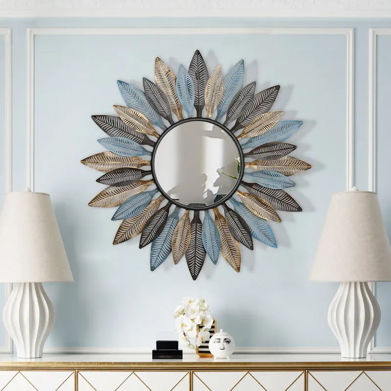 Wrought Iron Creative Retro Hollow Leaves Living Room Metal Art Mirror