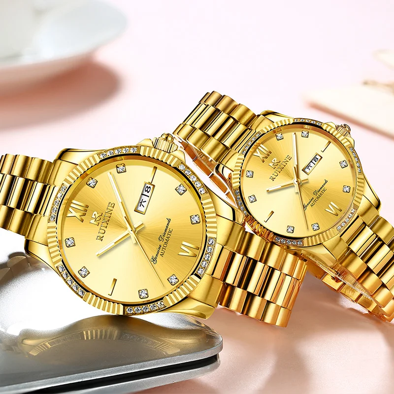 Full Diamond 14K 18K Gold Stainless Steel Mechanical Watch  R7123