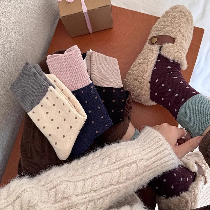 Korean Style  Middle Tube Solid Color Dots Girl Socks Cotton Polyester Fashion Socks