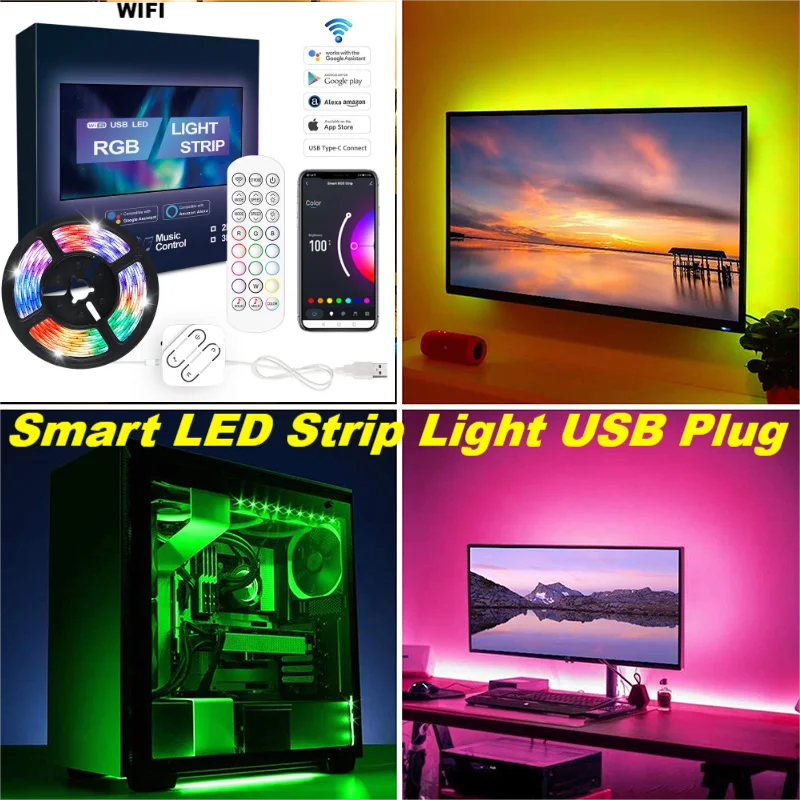 smart led strip light USB RGB tuya wifi app control light work with alexa google for TV home