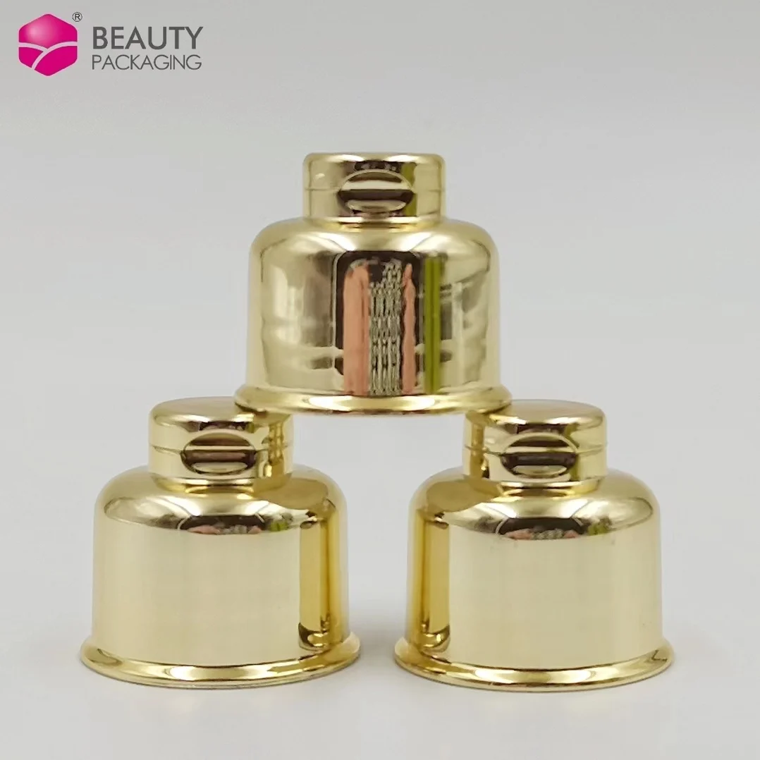 Manufacturer 24mm 28mm UV aluminum shiny Gold silver Cosmetics Plastic Bottle Bell Shape flip top cap lid