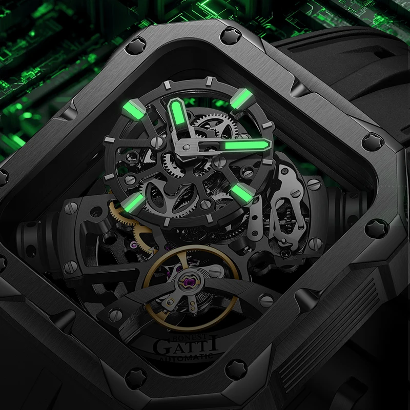 BONEST GATTI Quadrate Fashion Sport Watch 316l Stainless Steel Case Hollow Out Mechanical Watches For Men