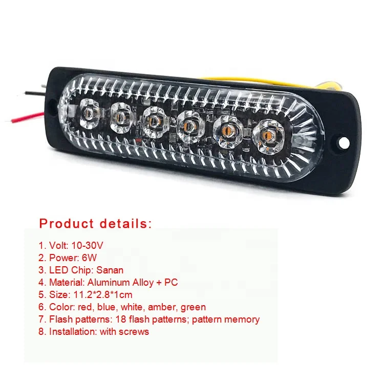 Supper slim car strobe light 12V red blue amber 6LED warning outdoor mini strobe light