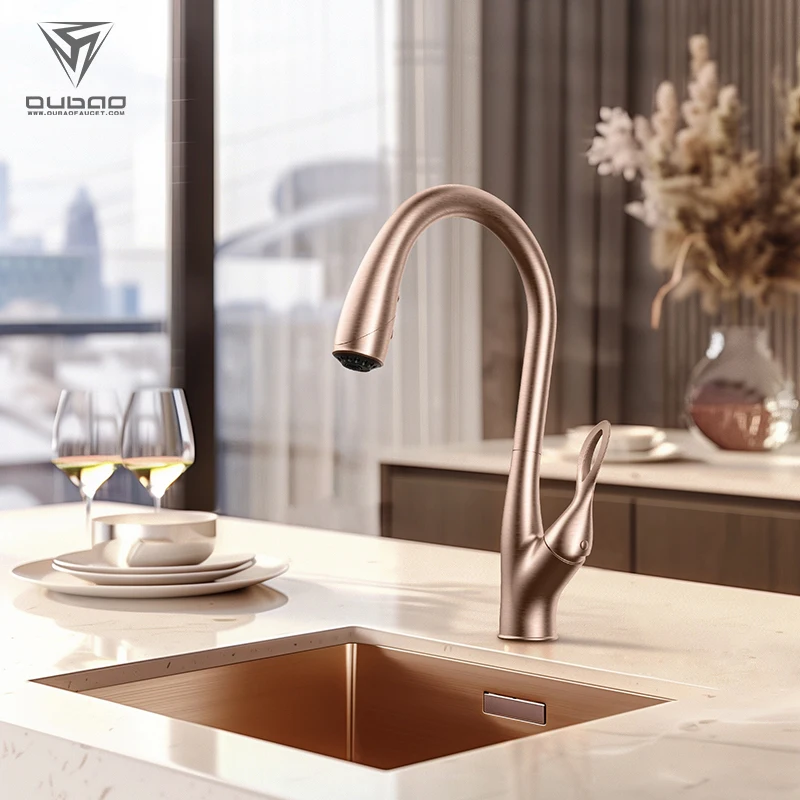 Modern Deck Mounted Single Hole Mixer Flexible Water Tap Rose Gold Hose Pull Out Kitchen Faucet