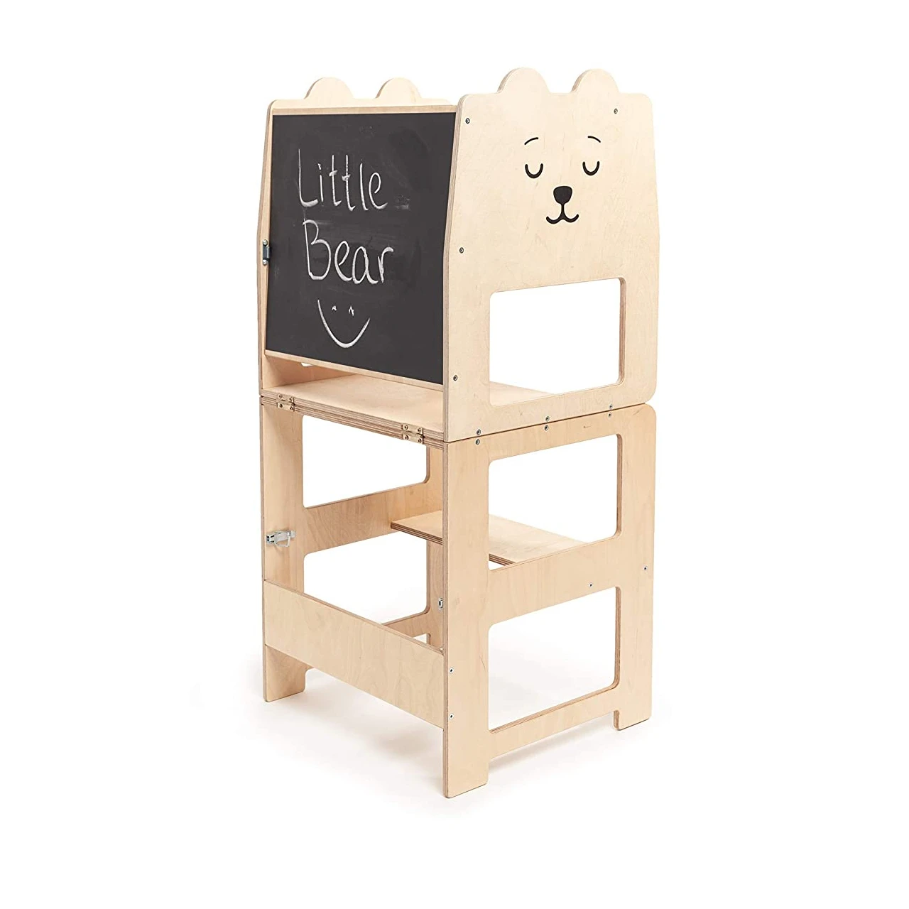 Foldable Wooden Montessori Learning Tower with Blackboard for Toddlers, Baby Kitchen Helper Convertible Step Stool