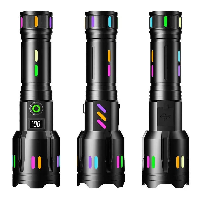 LED outdoor ultra long distance spotlight flashlight digital display screen white laser torch with fluorescent strip