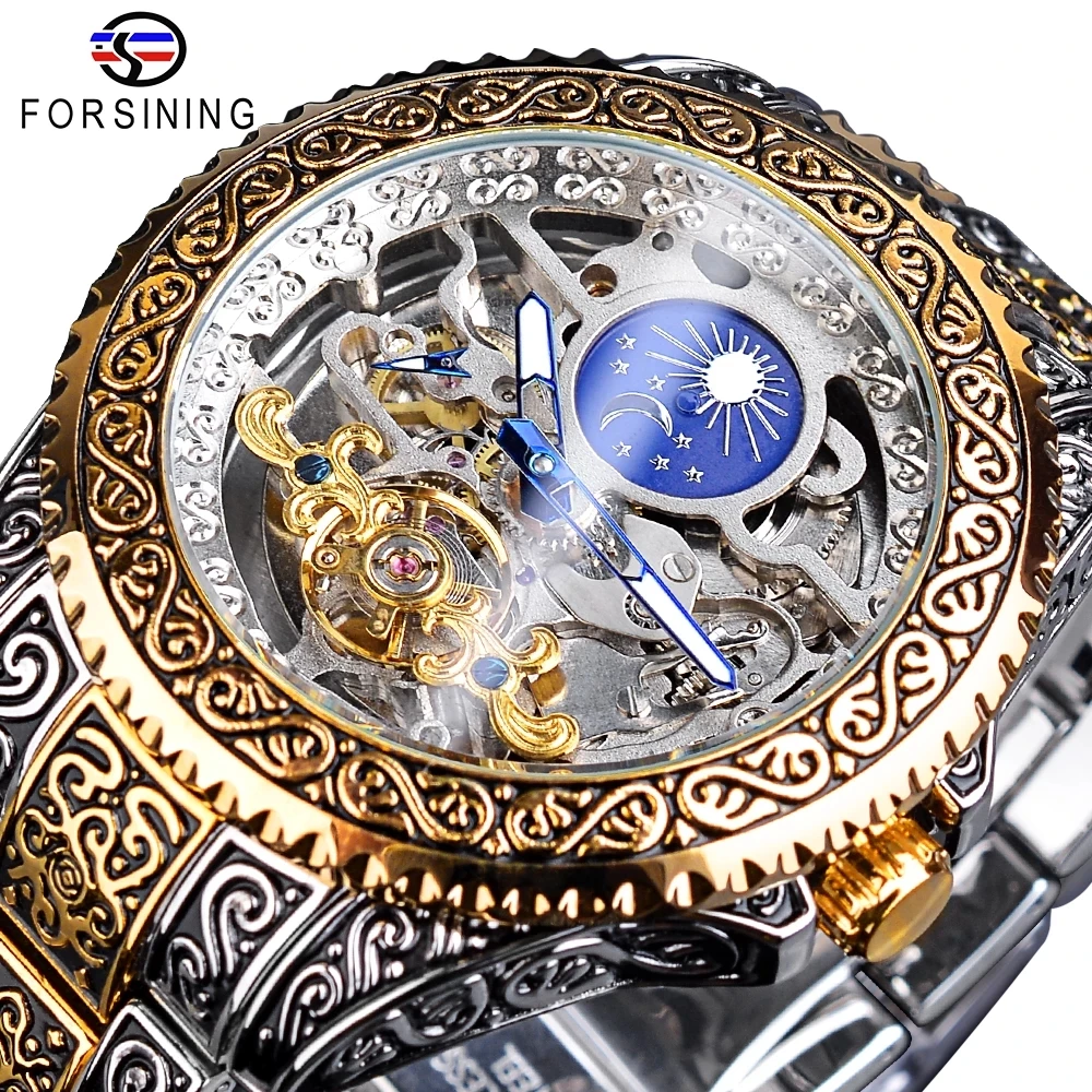 Transparent Mechanical Watch Forsining Watch Tourbillon Skeleton Mens Mechanical Watches Men Wrist Luxury Engraved Vintage Moon