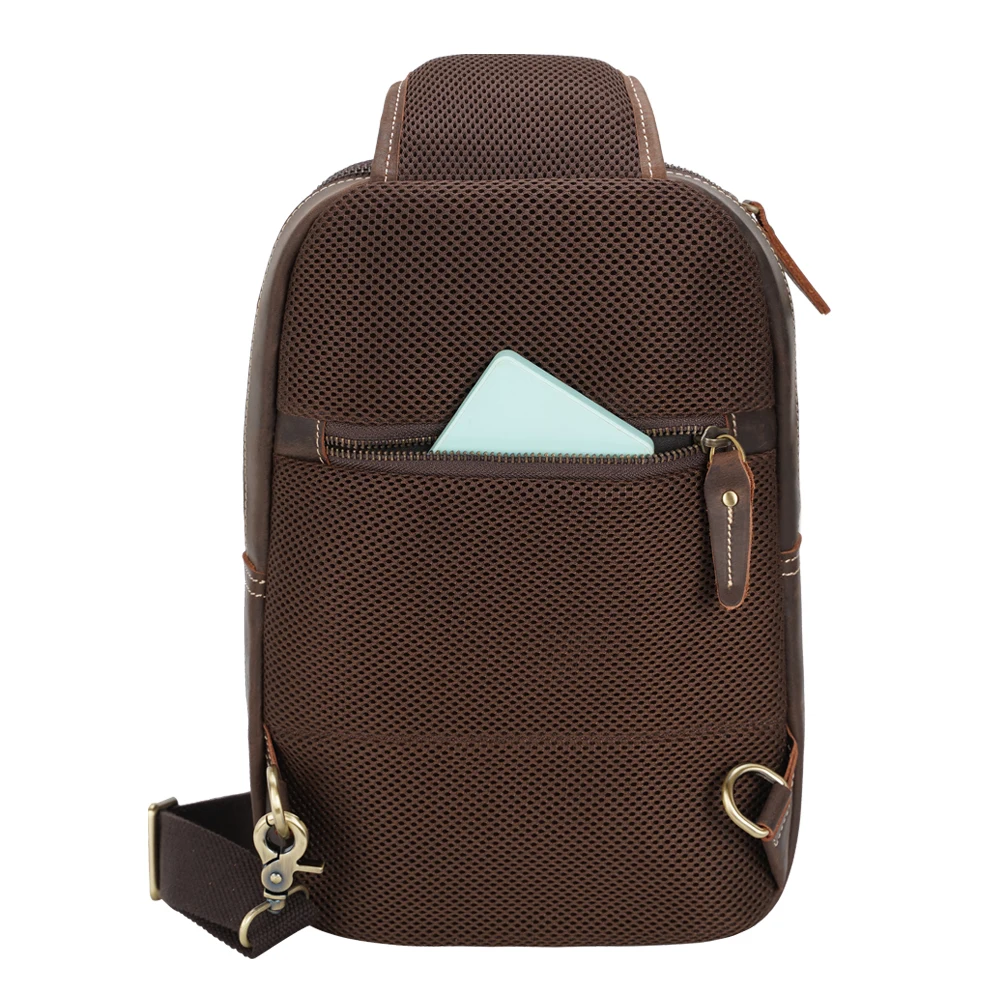Travel Crossbody Shoulder Sling Bag Running Full Grain Brown Genuine Leather Crazy Horse Leather Chest Bag