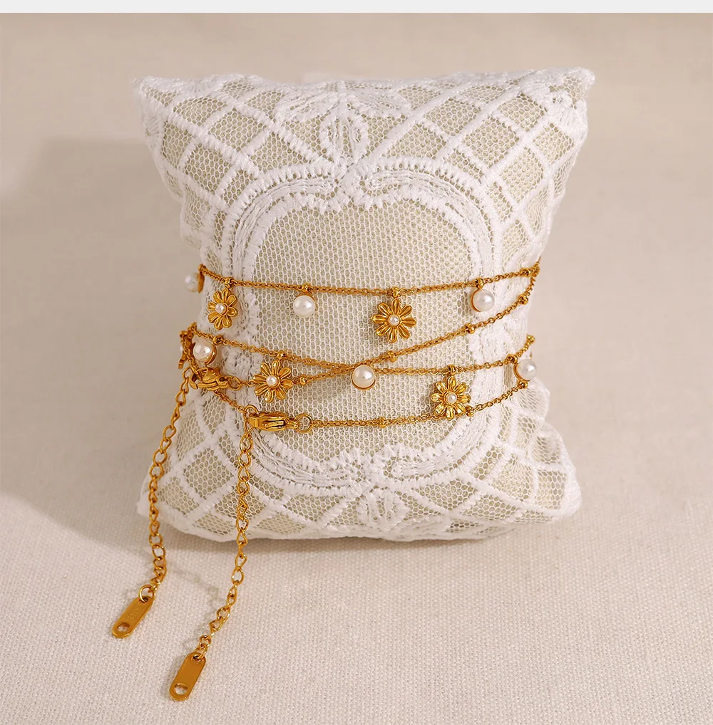 Gold Stainless steel jewelry set Dainty 18k gold-plated daisy flower pearl tassel necklace Cute flower ring necklace choker