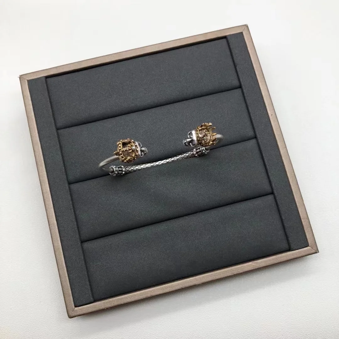 Alexander McQueens Factory Direct  925 Silver Double Gollum Head Zircon Open Bracelet with Retro Style Design and Premium Sense