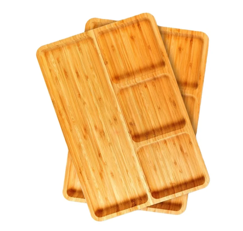 Four square separate bamboo appetizers food plate snacks fruit dessert nut plate service tray