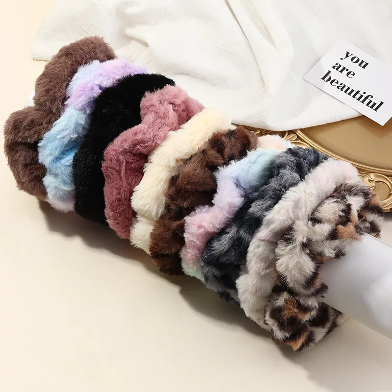Hot Sale Girls Cute Leopard Print Faux Fur Hair Band Ties Elastic Tie Dye Rainbow Plush Hair Scrunchies For Women