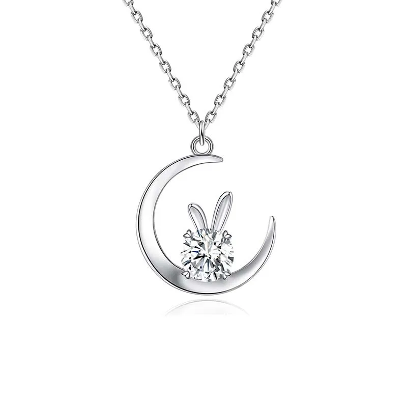 s925 Sterling Silver Moon Rabbit Moissanite Necklace Female 1 Carat Moissanite Snake Bone Chain Factory Outlet