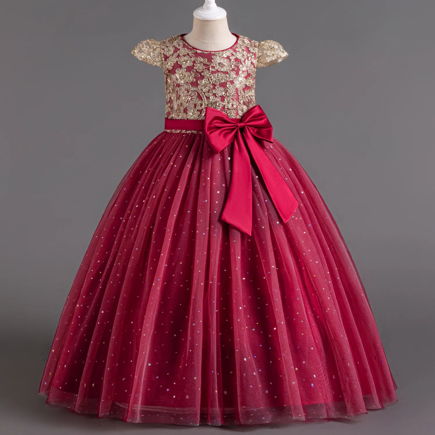 Sequin bow red lace wedding dress Elegant Princess girl evening party gown dresses flower dresses for girls