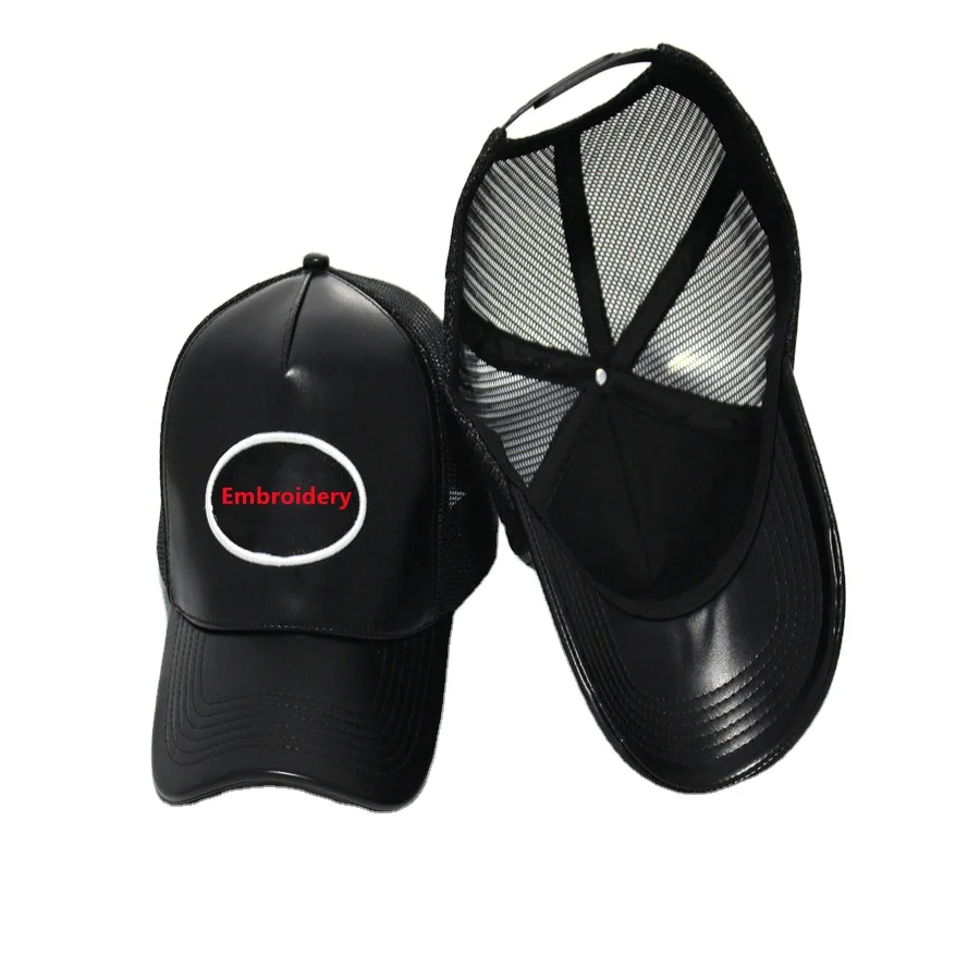 New Trends Wide Brim black Custom Logo men Waterproof embroidery 5 Panel Pu leather hat mesh trucker caps Sun hats wholesale