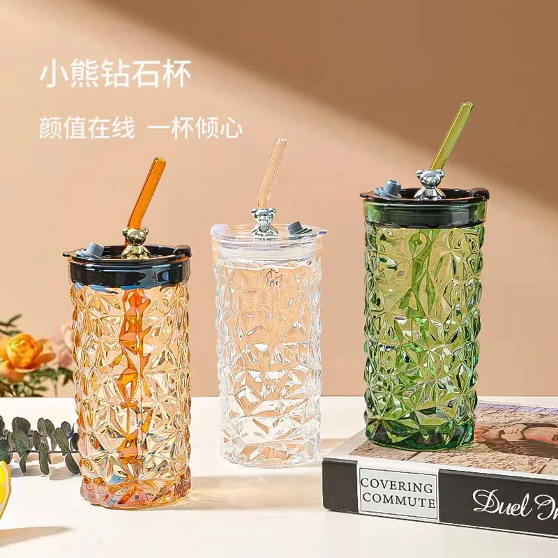Glass Cup Transparent Glasses With Lid and Straw Drinking Glasses Coffee Mug Milk Tea Water Cups Drinkware