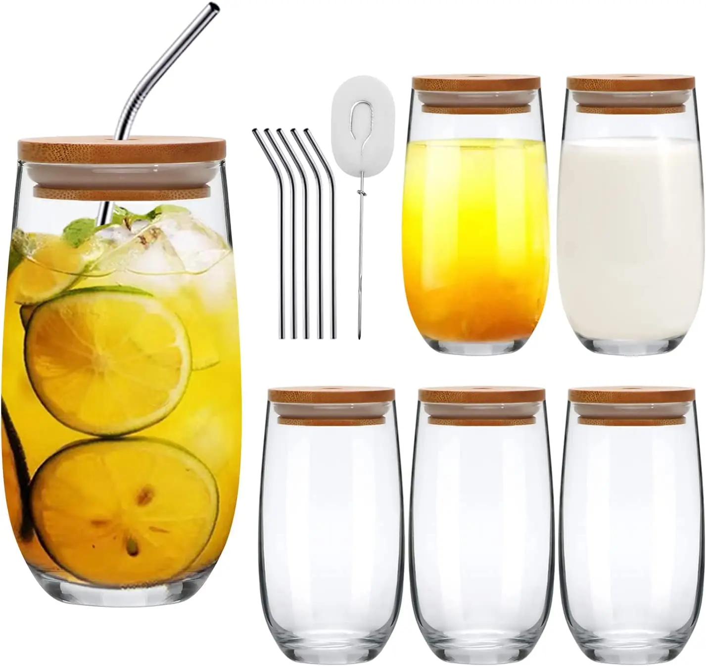 Highball Glasses Set of 6, Drinking Glass Beverage Cups,16 0Z Tall Water Glass Tumblers with Straws and Bamboo Lids