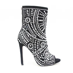 Black patterned diamond-studded ankle boots for ladies Black elegant stylish lady high-heeled ankle boots