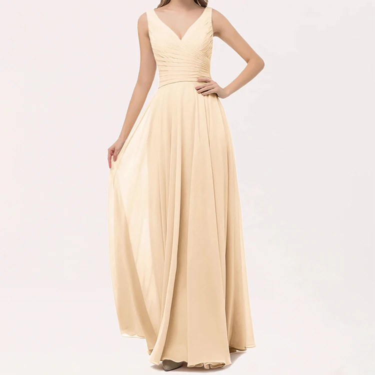 Simple V Neck A-line Floor-length Pleated Long Sleeveless Gown Chiffon Plus Size Bridesmaids Dress With Bow