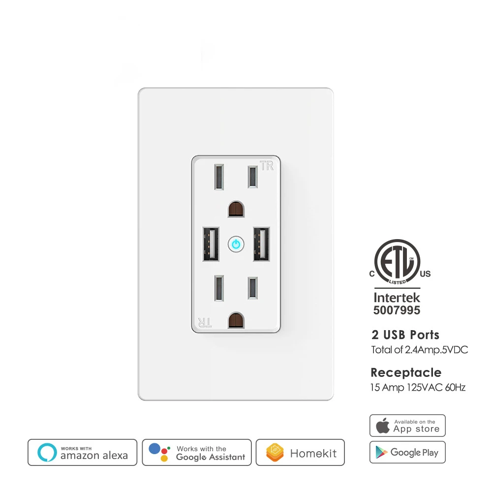 ETL Certificated Tuya Wifi Smart Outlet Socket Smart Wifi USB Wall Socket Works With Alexa Google Home and IFTTT