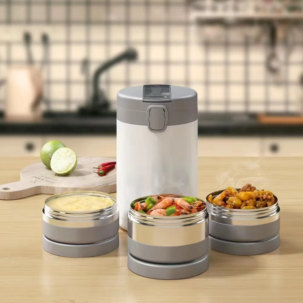 2.1L Insulated Leakproof Three Jars Set Stainless Steel Food Containers Thermos Lunch Bento Box With Strap School Outdoor