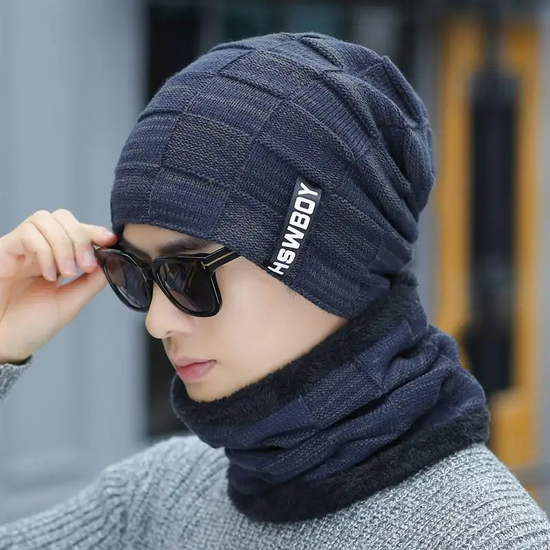H30 Men Thick Wool Neck Scarf Cap Bonnet Hats Sets Winter Beanie Hat Men Knitted Ski Caps Winter Cap Beanie