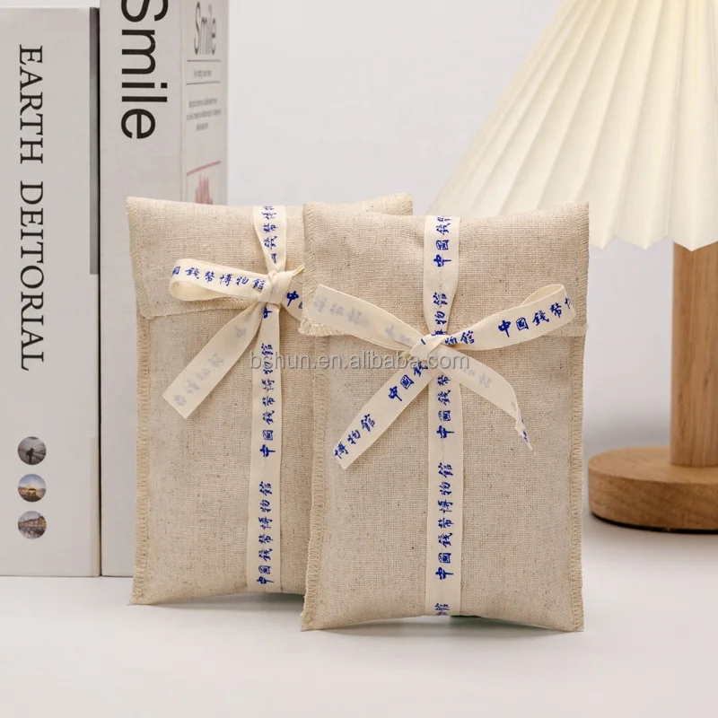 Eco Friendly Custom Logo Printed Soft Recycle Reusable Natural Cotton Linen Gift Envelope Flap Bag