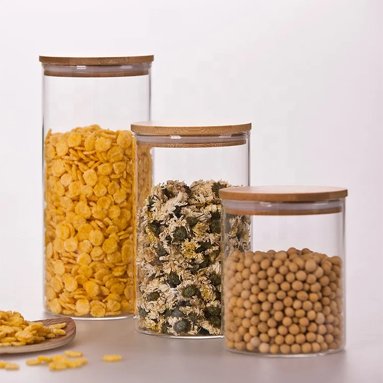 Custom Borosilicate Glass Storage Jar With Bamboo Lid For Tube Shaped Glass Storage Jar For Glass Spice Jar With Wooden Lid