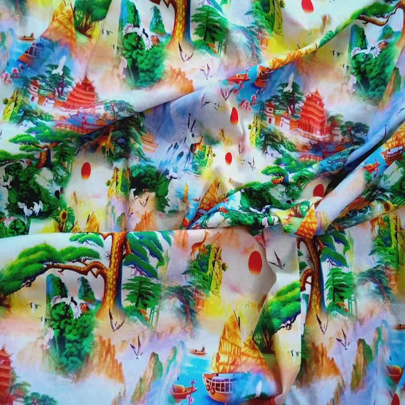Custom Digital Landscape Painting Design Printing Mercerized Cotton Fabric For Clothing