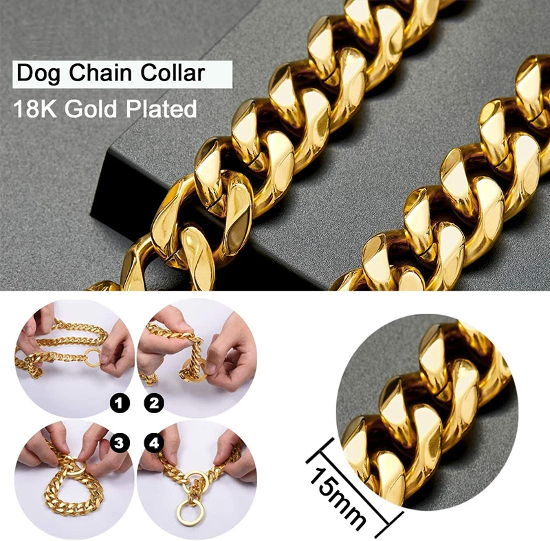 15mm Stainless Steel Dog Collar Custom Collares de Acero Inoxidable Gold Dog Choke Collar Miami Cuban Link Dog Chain