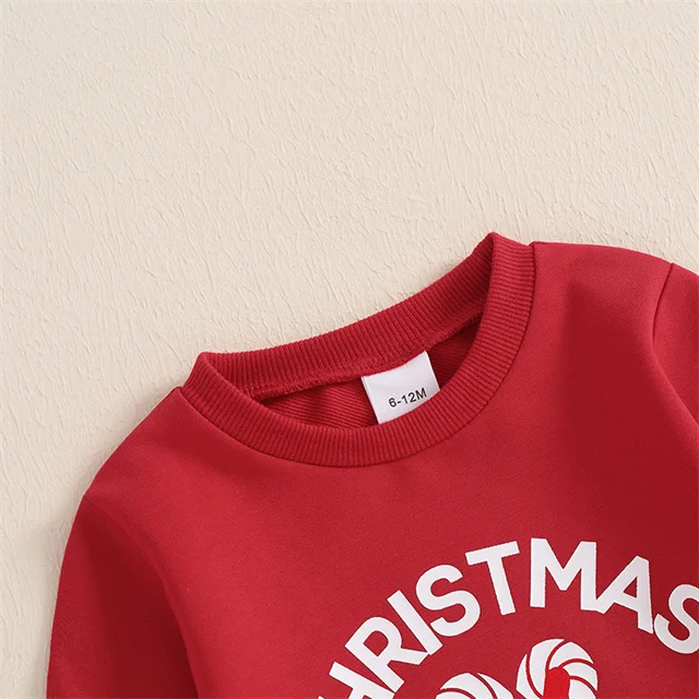 1 Pcs Custom Tag Christmas Outfit  Long Sleeve Crew Neck Letters Print Sweatshirt Candy Cane Tulle Skirt Girls Toddler Outfit