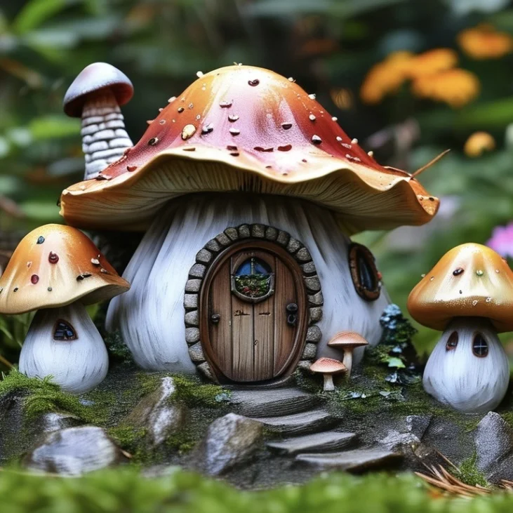 Garden Decoration Mushroom House Statue Polyresin Resin  Mushroom House Decorative Statue
