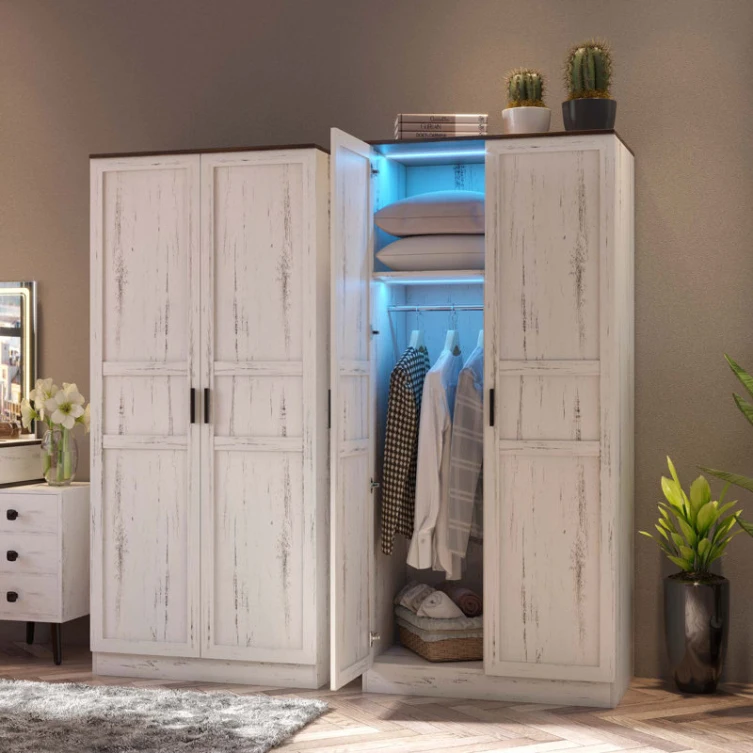 24 Years Factory Direct European Style Antique White Farmhouse LED Wardrobe Closet with Two Doors
