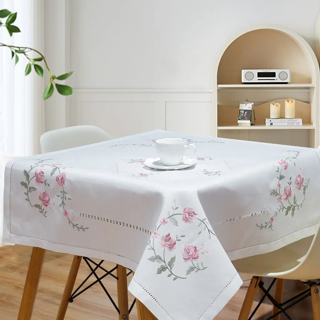 OEM/OEM Multi-size Embroidered  Table Cloths Handmade Hemstitch Table Cover Linen-look Fabric Table Cloth