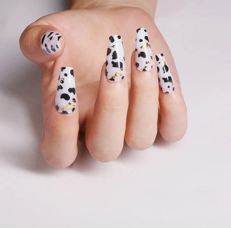 Custom design cow print long ballet false nail tips handmade full cover designer acrylic press on nail for holiday