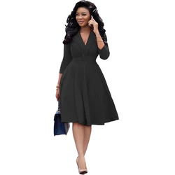 Fashion long sleeve solid color dark v neck pleated dress ladies office wear designs 819-0006