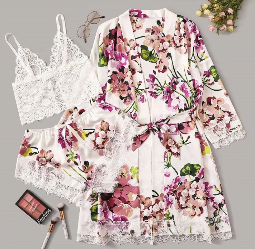 
Ladies sleepwear fioral print pajamas set nightwear women pyjamas 3 pieces nightwear silk robes women 