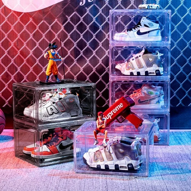 Fashion Acrylic Plastic Magnetic Side Open Stackable Folding Clear Display Shoe Storage Box For Organizer Basketball Sports Shoe