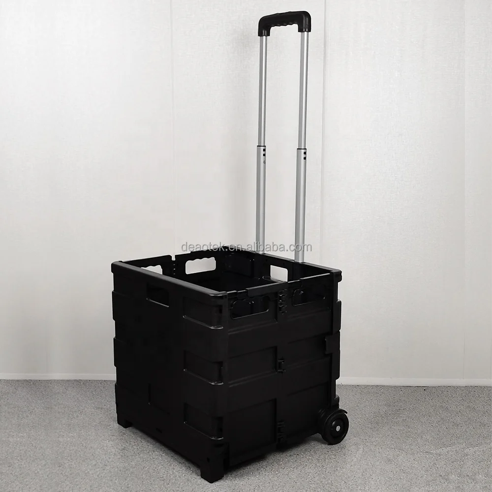 Pack and roll collapsible portable folding plastic grocery shopping trolley cart with wheels Adjustable Handle