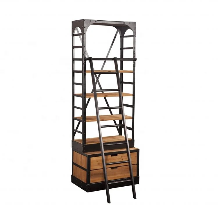 French Provincial Furniture Industrial Iron Library Wooden Display Bookshelf Book Rack Bookcase With Storage Drawers Ladder