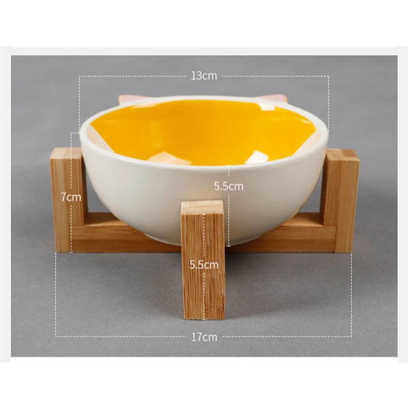 Bowl Dog Food Water Feeder Puppy Ceramic Drinking Dish Bowl With Wooden Rack Pet Tableware