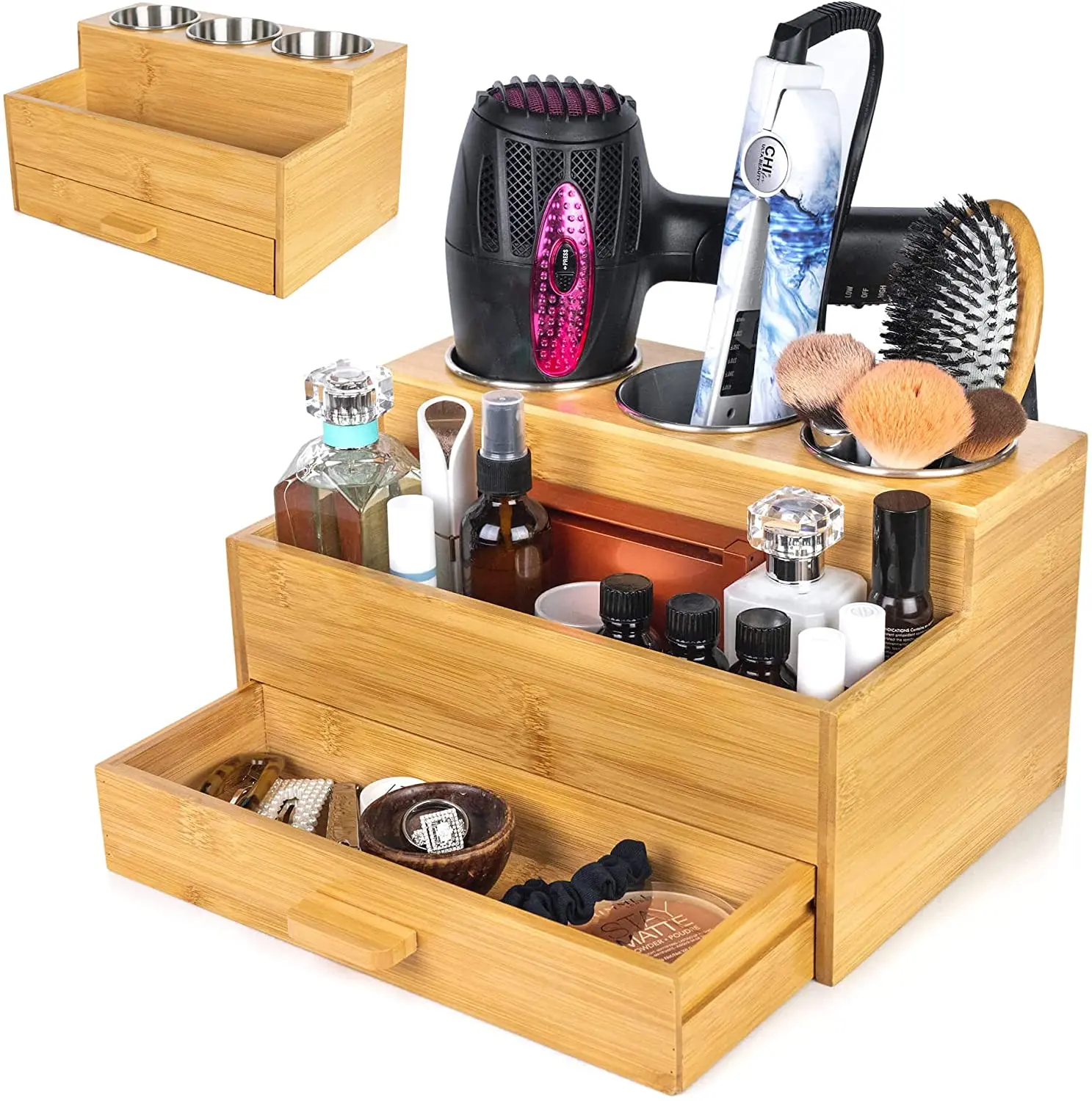 Bamboo Bathroom Storage Holder with 3 Stainless Steel Cups Bamboo Wood Storage Organizer for Hair Drier with Drawer