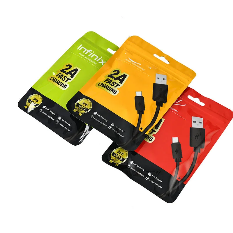 Low Moq Nice Quality Custom Printed Clear Front Glossy 3 Sides Sealed Power Cord Usb Data Cables Zipper Bags